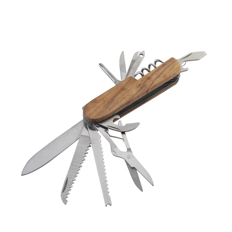 Outdoor camping use mini multitool folding knife 11 in 1 wood handle pocket knife with keychain