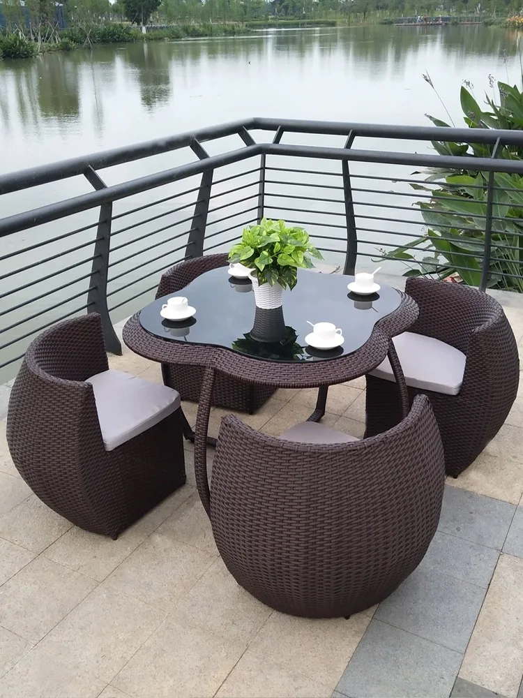 Outdoor PE plastic round gray space saving furniture garden rattan table and chairs sets