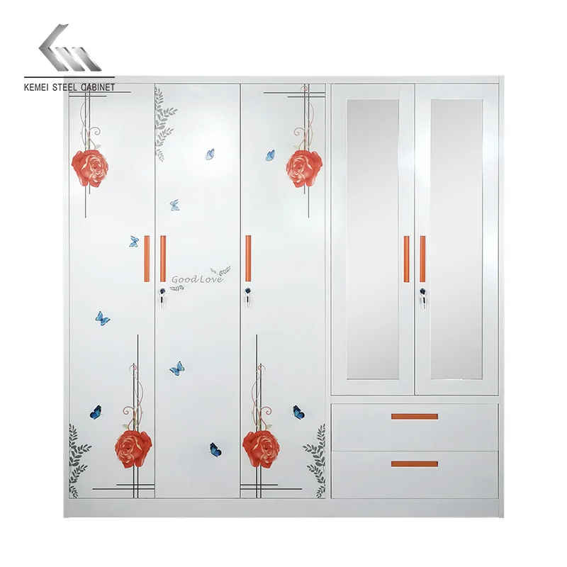 Steel Metal Wardrobe Iron Sheet Wardrobe Hot Selling Item with 5 Unidirectional Flat Doors and 2 Drawers with Mirrors