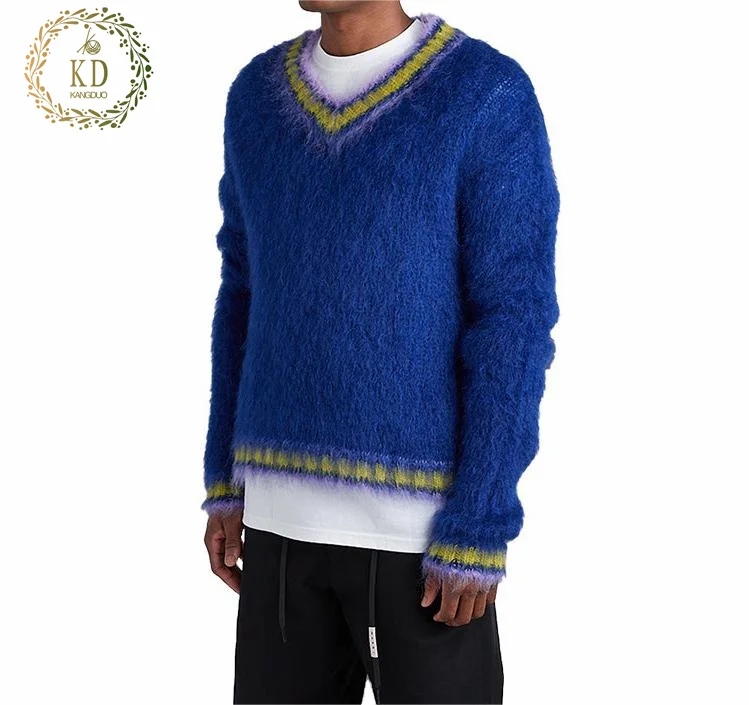 KD Knitwear Manufacturer OEM ODM Winter Knit Hairy Furry V-Neck Pullover Cricket Mixed Yarn Wool Mohair Men Sweater