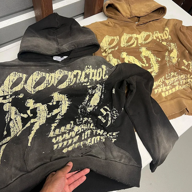 Hoodie Manufacturers Vintage Clothes Loop Fabric Sun Faded Dtg Print Distressed Heavyweight Oversized Acid Wash Custom Hoodie