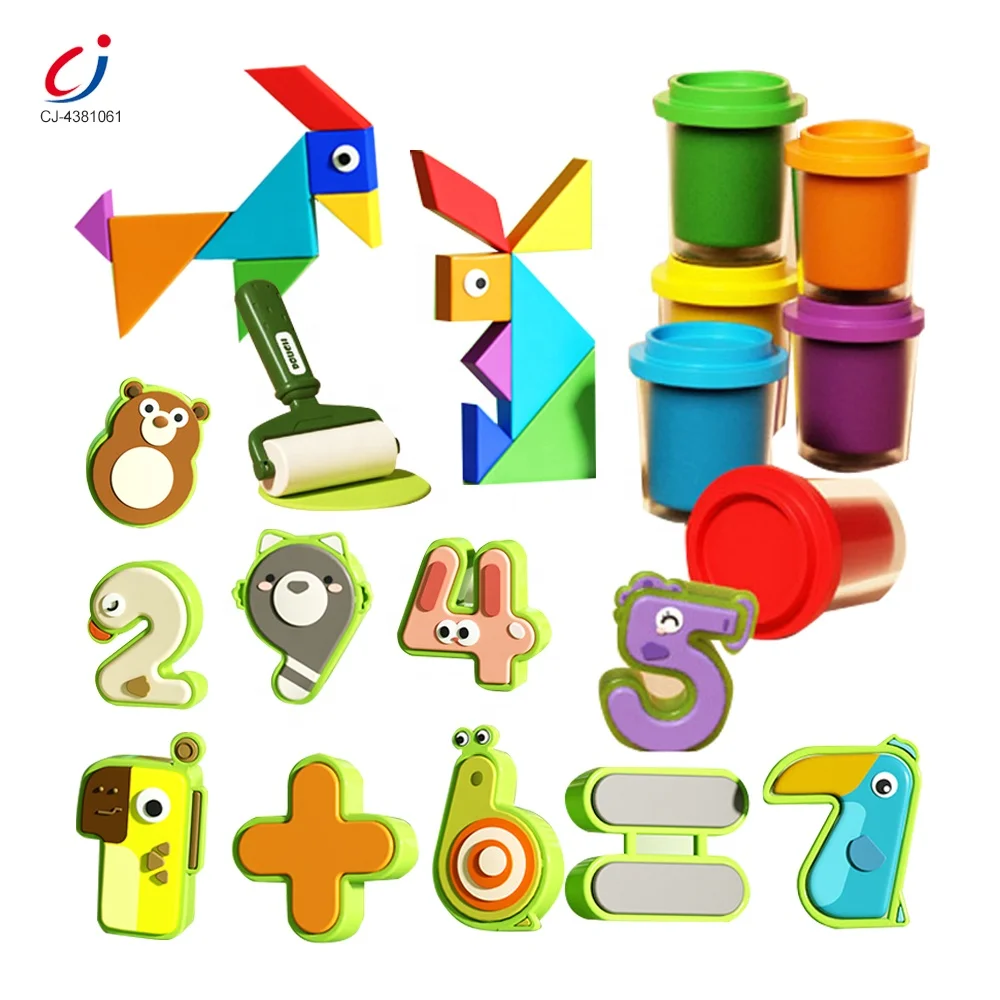 Chengji diy colored clay toy set educational play dough kit question cards tangram animal digital mold clay set for kids