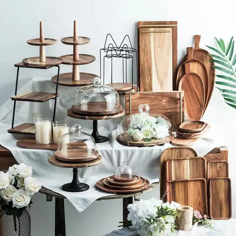 2021 wooden factory Acacia wood wedding birthday dessert table decoration wooden cake tray dessert tray