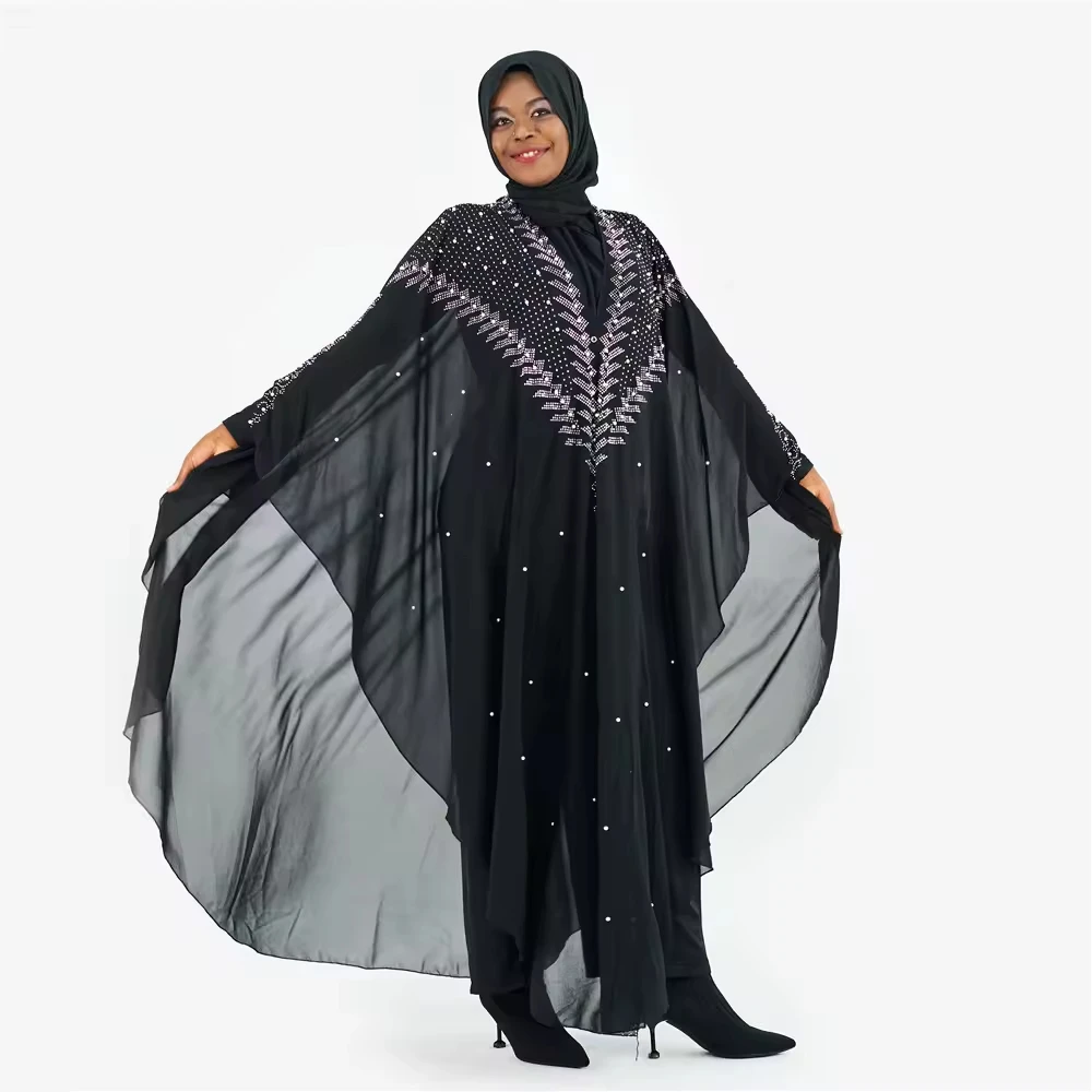 2024 Muslim Long Khimar Hijab Veil Scarf Islamic Amira Prayer Abaya Women Clothing Dubai Black Plain Chiffon Abaya with stones
