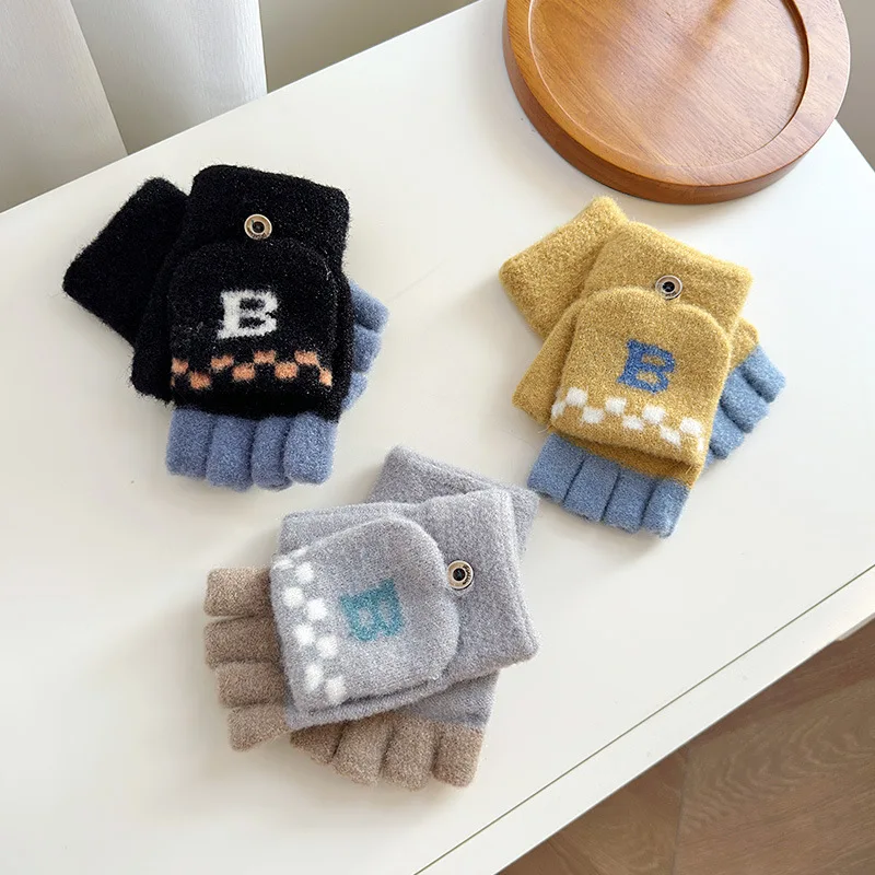 Children  Winter Half Finger Gloves Jacquard Letter Students Five Finger Writing Gloves