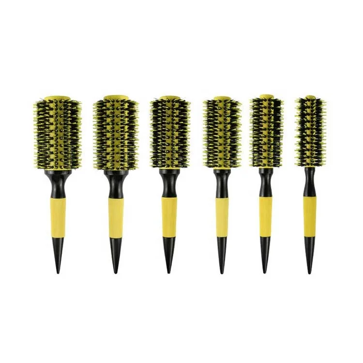 Bright Yellow Ceramic Round Brush Nylon Boar Bristle Curling Hair Brush