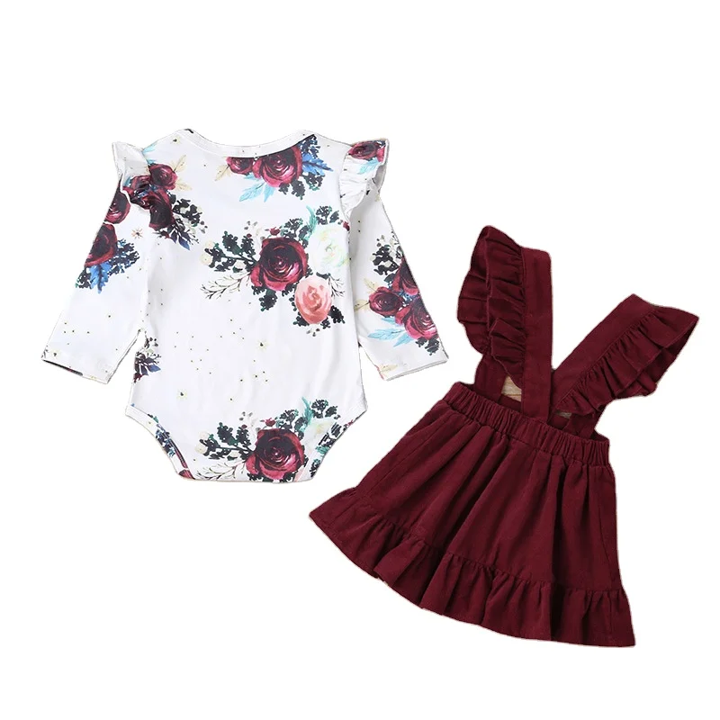 1173 Fall Floral Ruffles Romper T-Shirt Tops+Corduroy Suspender Skirt Newborn Clothes Infant Baby Girls Clothing Sets Outfits