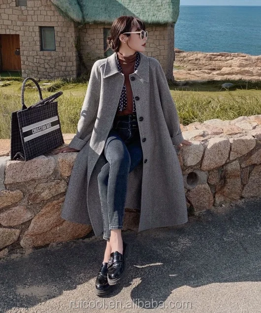 Peter pan collar wool coat with raglan sleeves in grey, herringbone pattern fabric