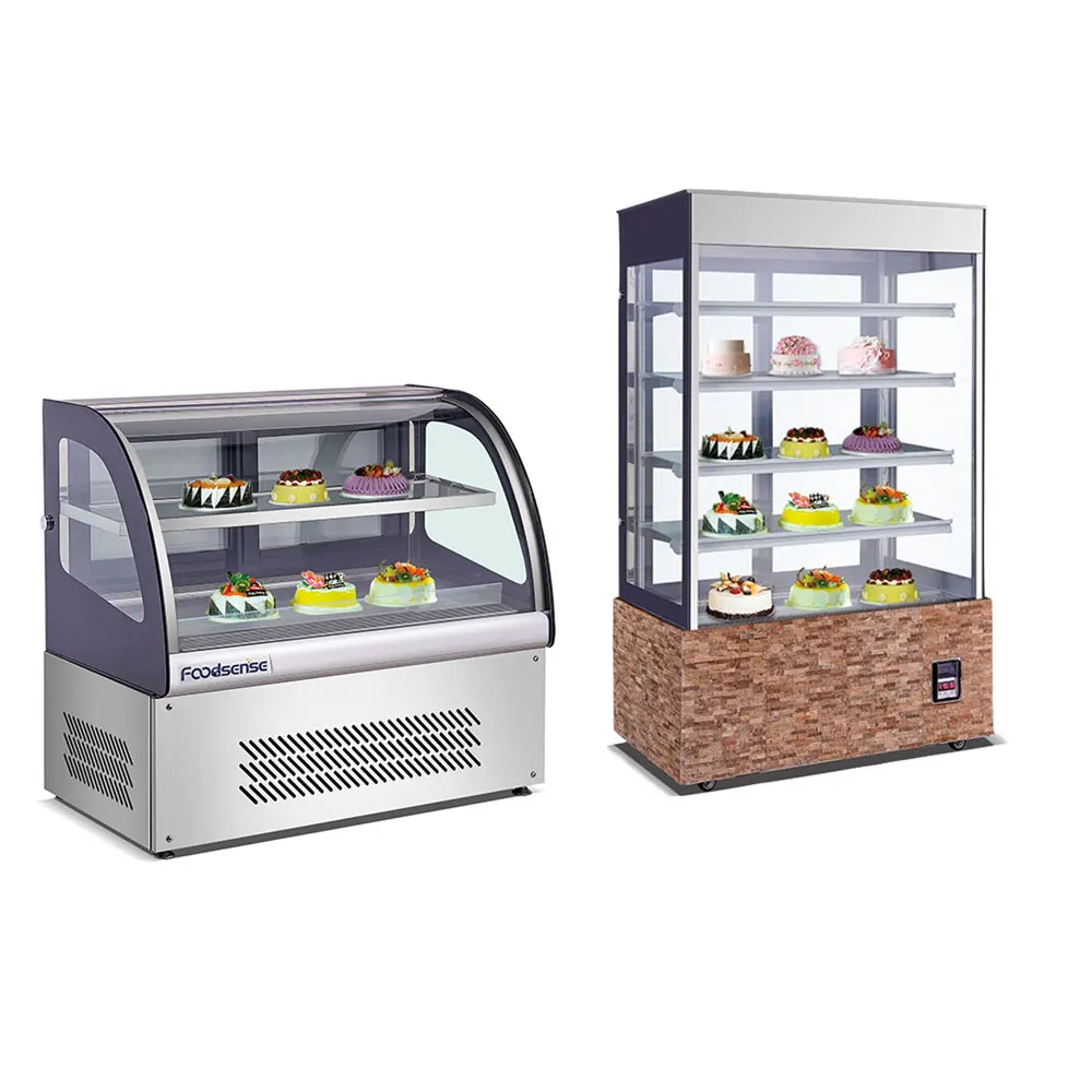 Cheap tall three sides glass vertical cake display cooler showcase refrigerated display cabinet