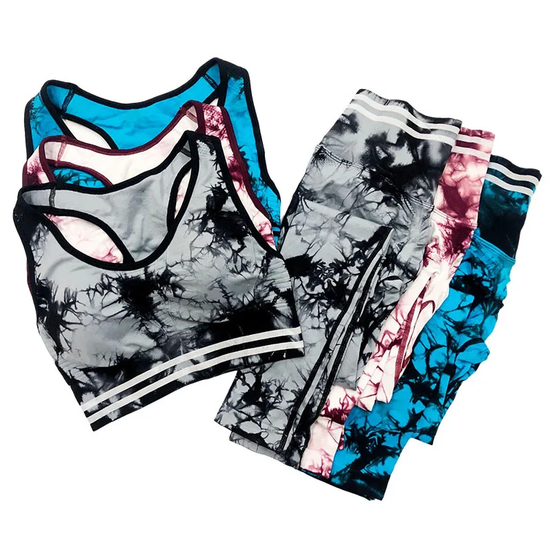 Knitted Fashion Slim High Quality Suit Wear Spandex/Nylon Tie Dye American Sport Bra Top Fitness Stripe Yoga Sets
