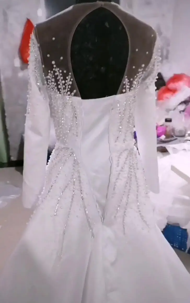 2024 Africa Satin Long Sleeve 2 in 1 Mermaid Dresses With Detachable Train Pearl Crystal Stones Beaded Fish tail Bridal Dress