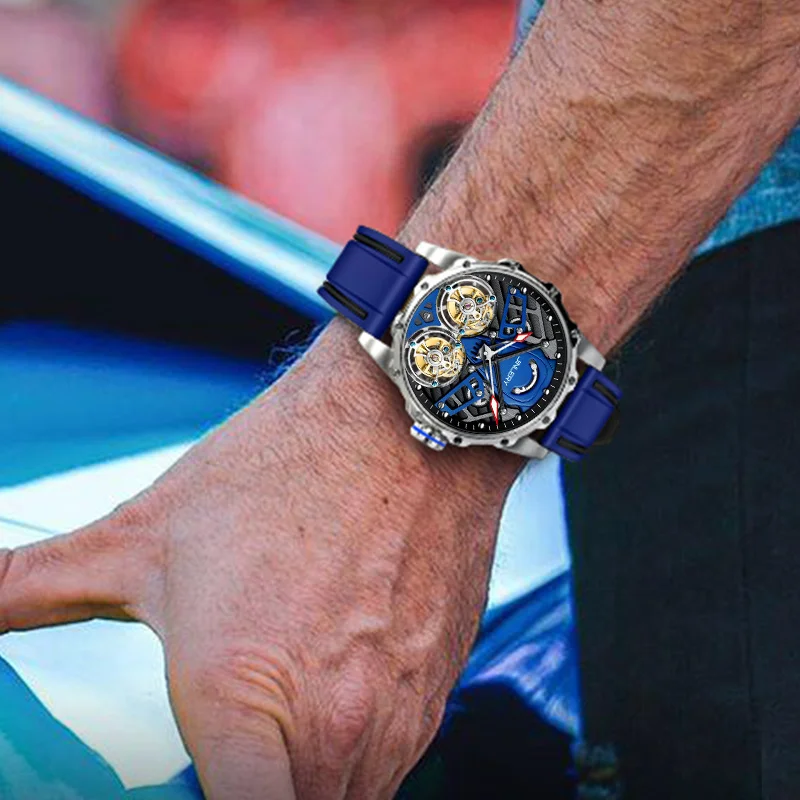 JINLERY New Double Tourbillon Watch for Men Mechanical Men Watch Wristwatch Luxury Watch Men Waterproof Clock Timepiece Big Dial