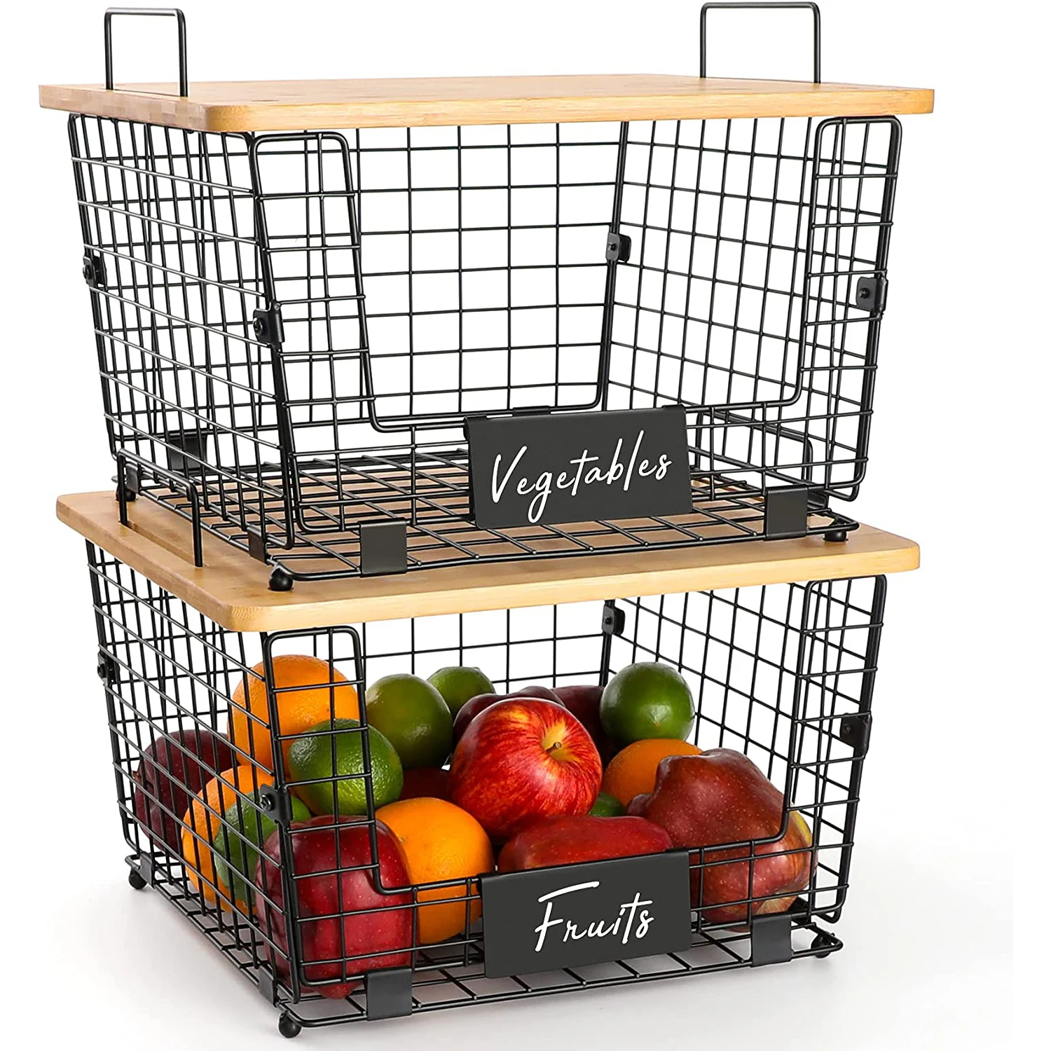 Kitchen Counter Basket Bamboo Top Pantry Cabinet Organization and Storage Wire Basket Countertop Organizer