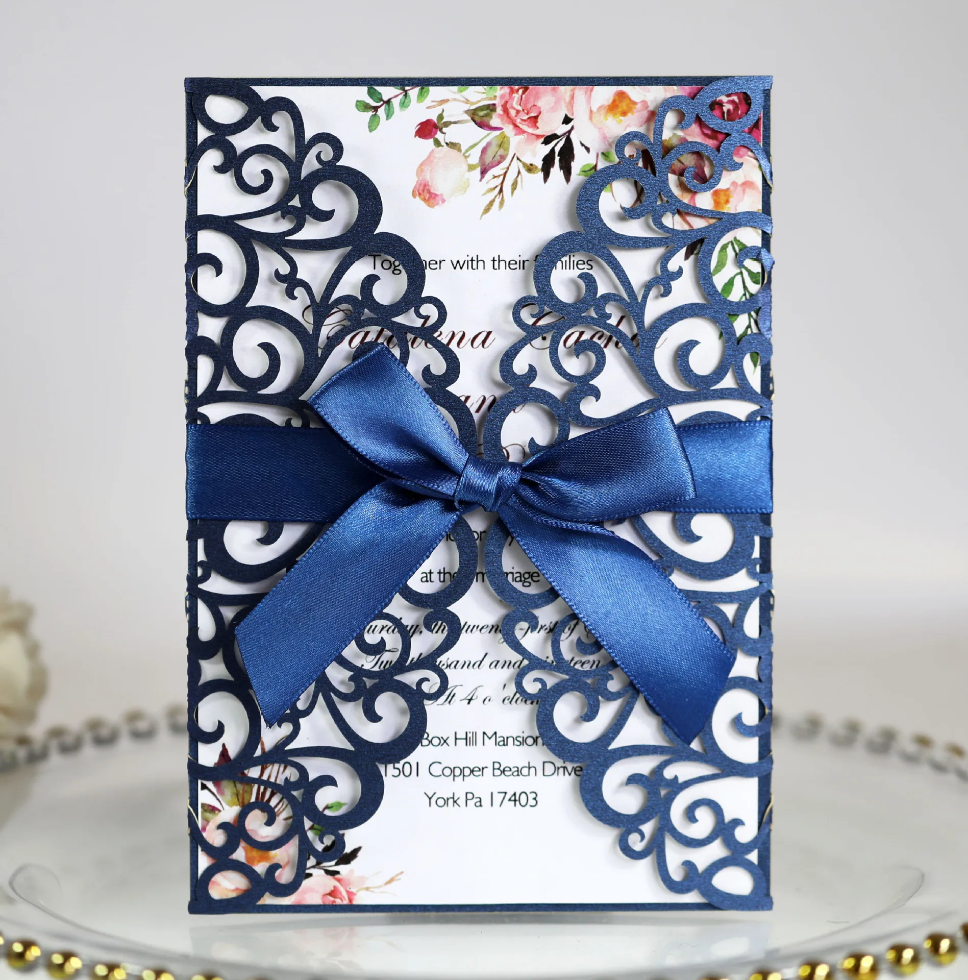 European wedding card laser hollowed out lace light meat powder Lace Wedding Invitation cards