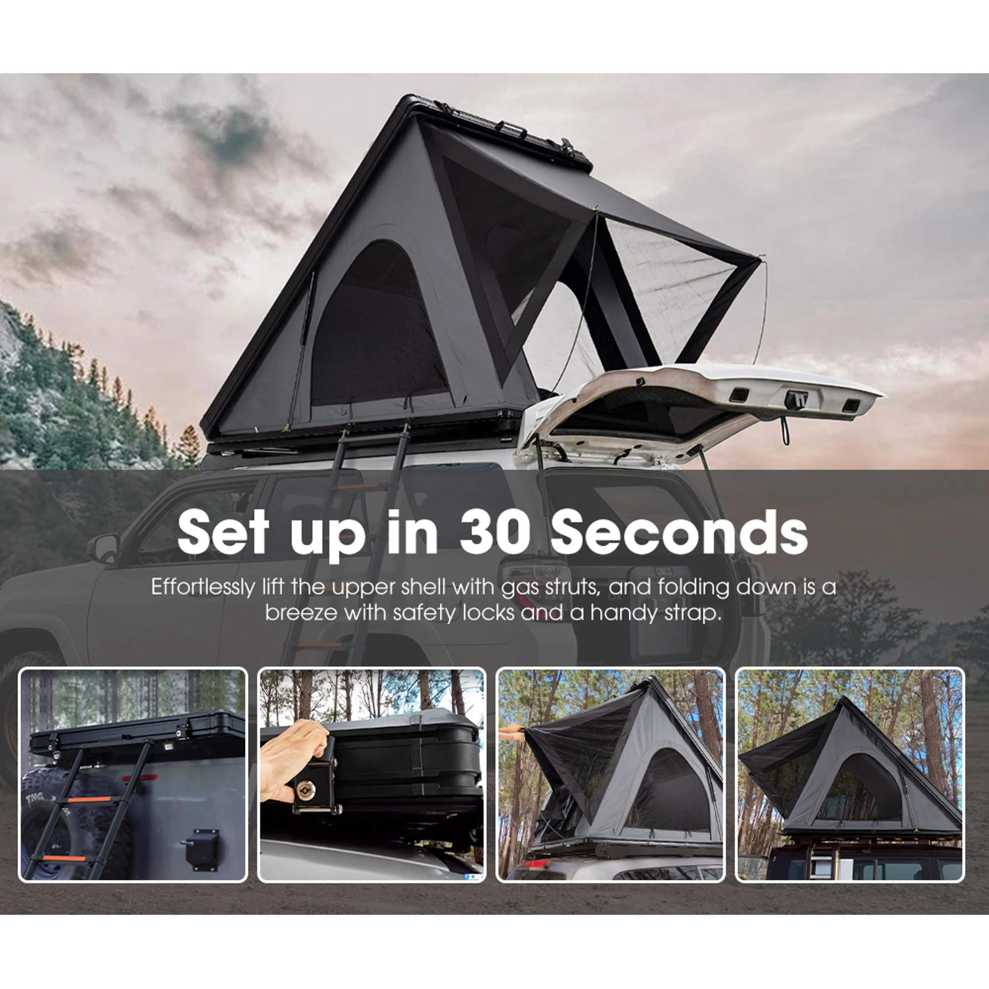 ZST Camping Triangle Car Rooftop Tent Hard Clamshell Black Gray Aluminum 4 Person Hard Shell Roof Top Tent