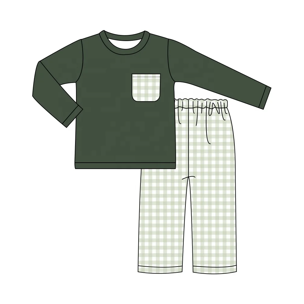 2022 hot selling desgin custom clothing Dark green up set light green white checked long pants boy sets