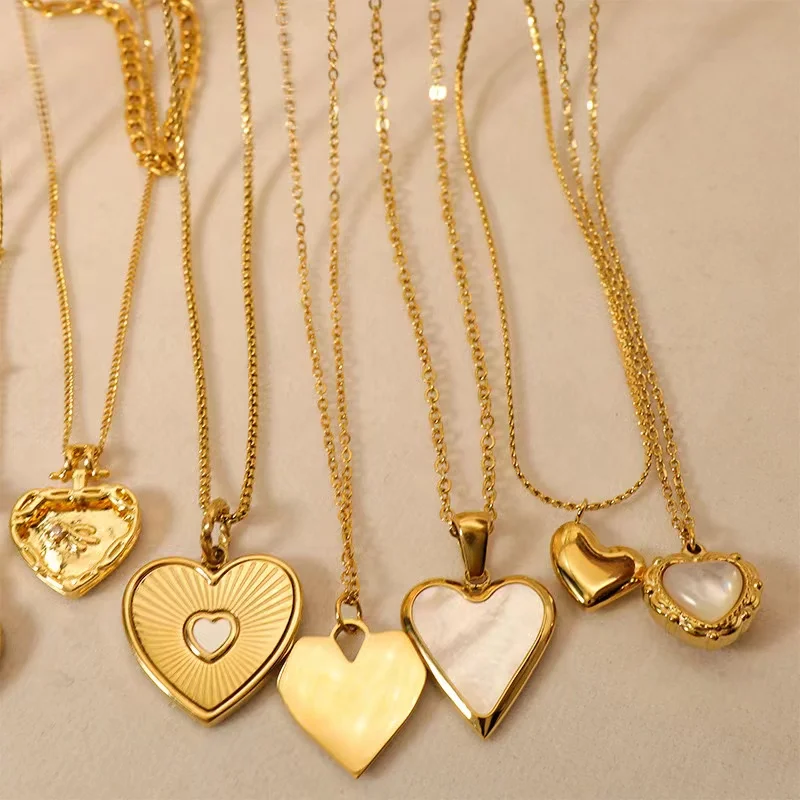 Multi styles Vintage 18K gold plated shell diamond necklace heart pendant gold plated jewelry stainless steel