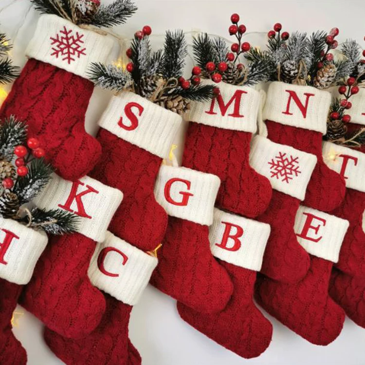 Personalized Red Knit Christmas Stocking Small Socks Gift Bags Christmas Decoration 26 Letters Embroidered Xmas Stockings
