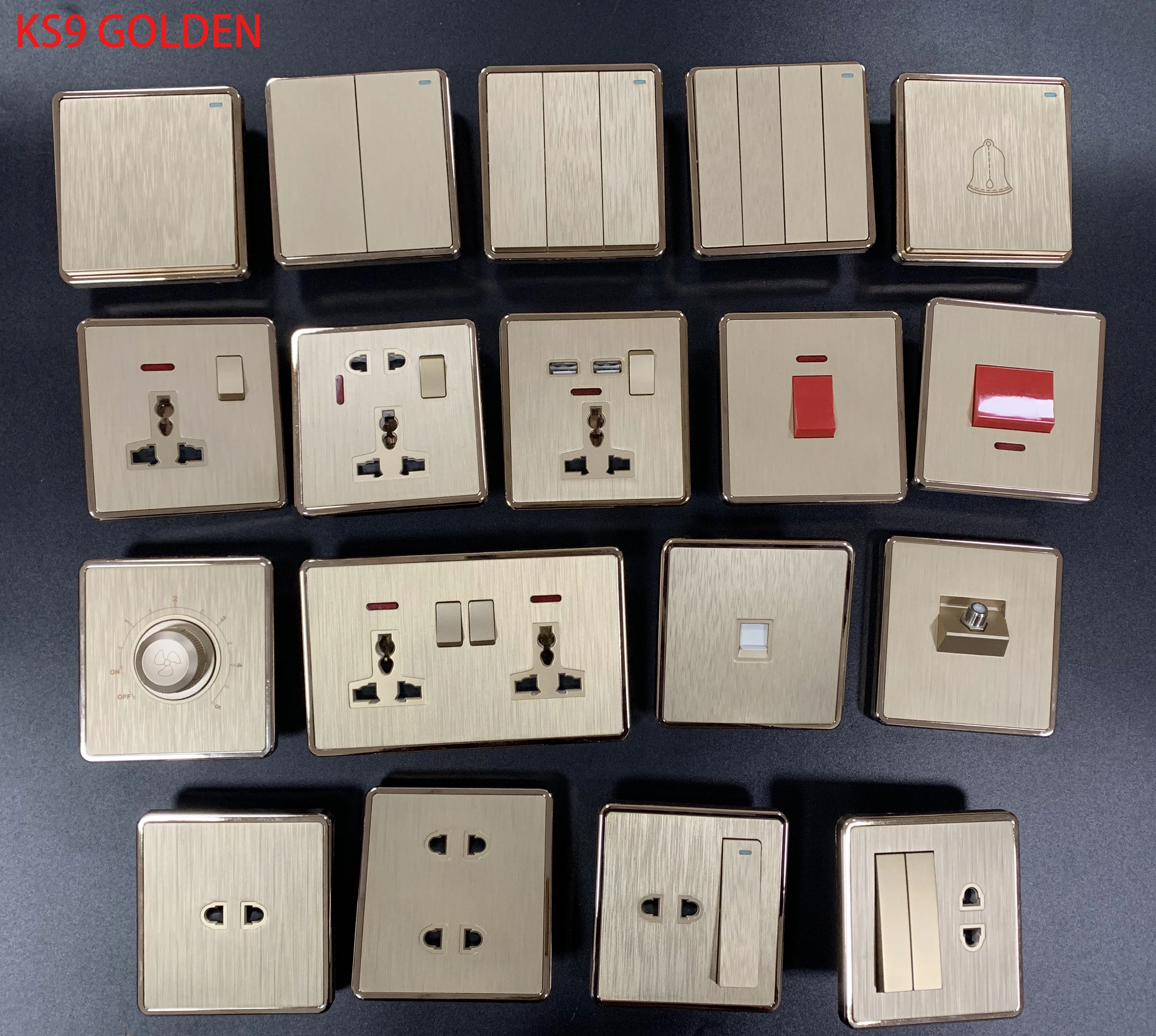 Yemen Iraq Pakistan hot color gold sliver PC electrical 16A gang way light switch 13A wall mounted socket