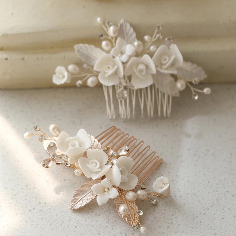Керамическая металлическая расческа для волос с цветами, аксессуары для волос из пресноводного жемчуга, свадебная расческа для волос ручной работы