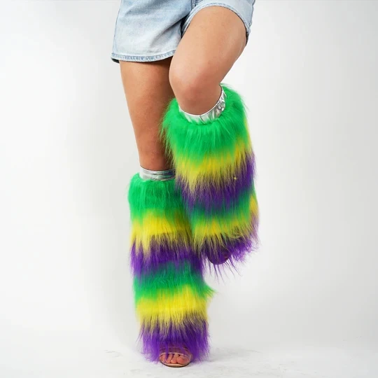 Haiwin Party Mardi Gras Purple Yellow Green Furry Leg Warmers for Women Masquerade Mardi Gras Costume