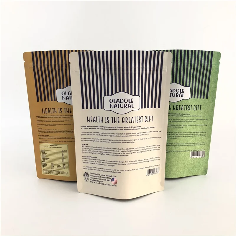 Custom New Biodegradable Packaging Paper Bag Zipper Food Yeast Flakes Snacks Fruit Dried Kraft Paper Stand Up Pouch With Window
