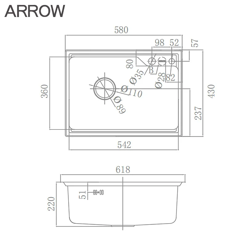 ARROW Undercounter Sink 304 Stainless Steel Single Bowl Vanity Wash Basin Deep Kitchen Sinks