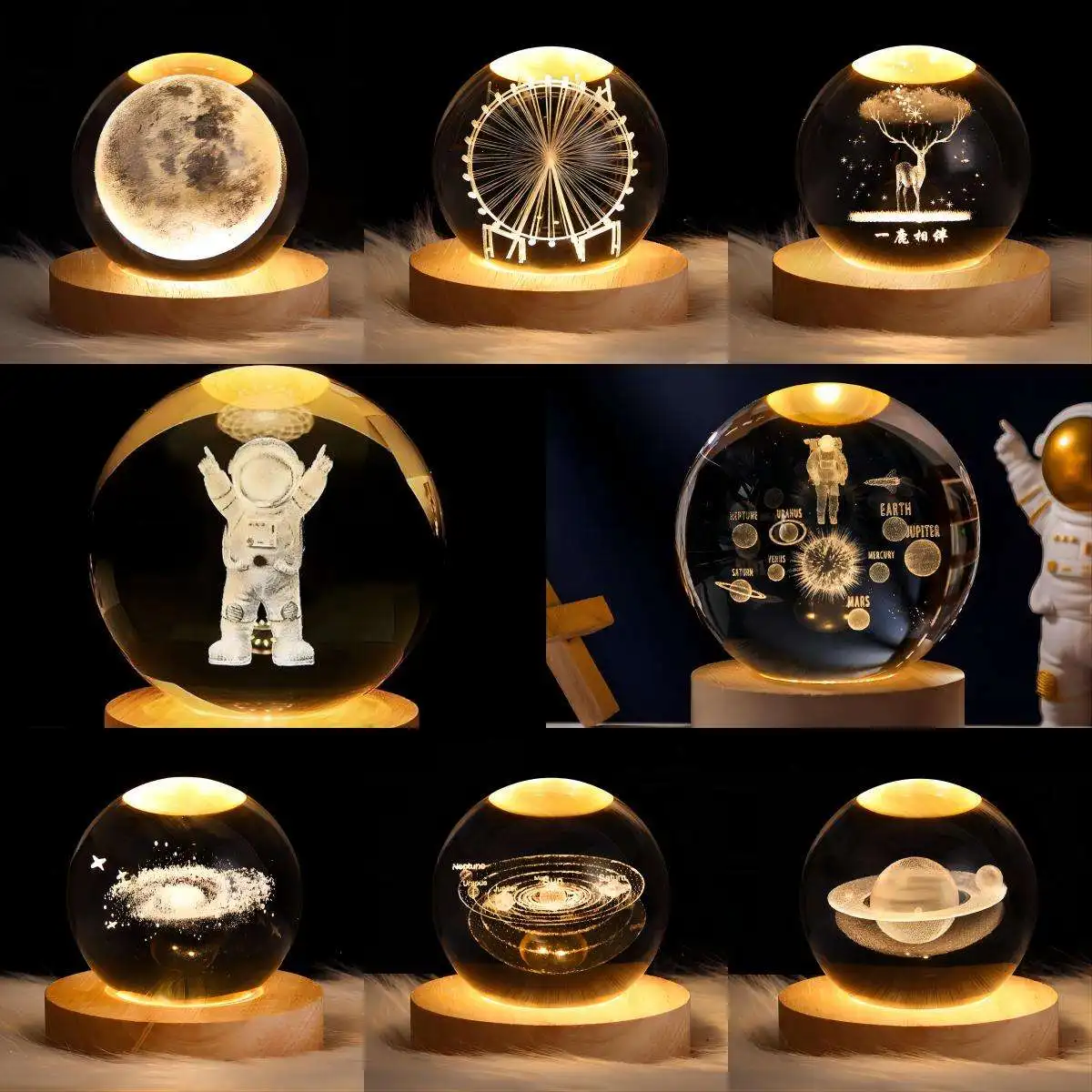 Custom Decor Ornaments Moon Planet Solar System Astronaut 3d Art Galaxy Lamp Led Glowing Crystal Ball Night Light With Wood Base