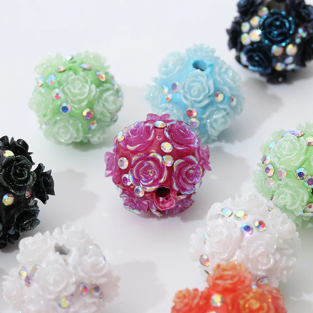 20mm Acrylic Painted Round Rose Flower Ball Shiny Diamond Crystal Handpainted Loose Diy Fancy Beads for Making Pen Bracelet