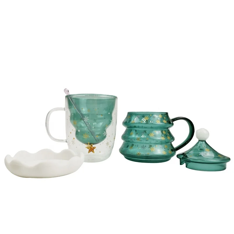 
300ML Christmas Tree Mug Snowflake Glass Cup Heat-resistant Double Layered Glass Cup Coffee Mug with Lid Cute for Christmas Gift 