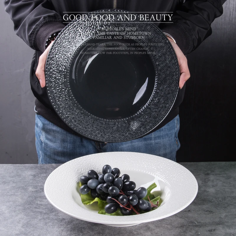 
Simple Black11Inch Ceramic Embossed Wide Rim Deep Serving Tray Steak FruitAppetizer Pasta Bread Plates Porcelain Dinnerware Dish 