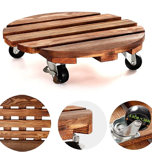 Wholesale Round Tray Wood Movable Wheel Flowerpot Base plant stand for Vase for garden