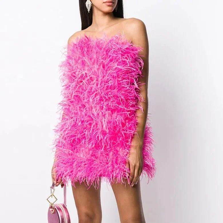 Long Pink Wrap Feather Fur Dress Party Ostrich Feather Dress for Ladies