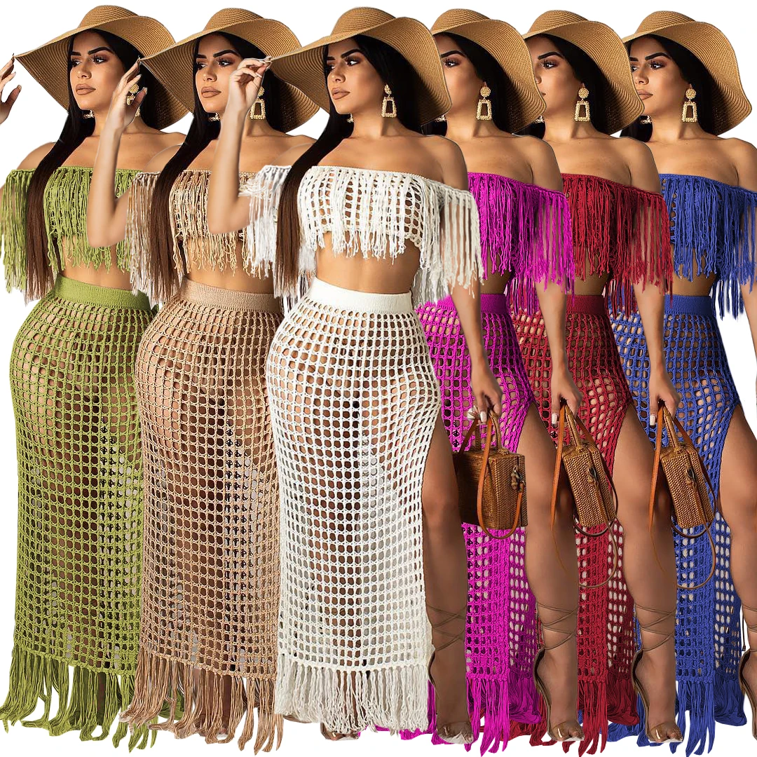 2020 women hot sale off-shoulder cutout dress sexy ladies high split knitted beach dress