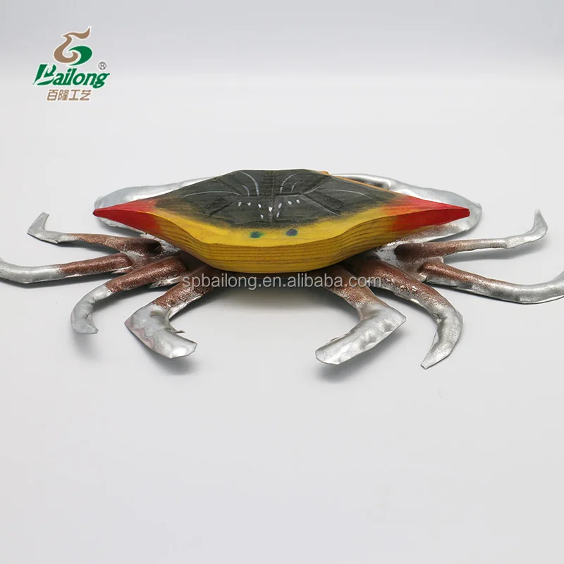 BSCI factory folk art crab shape wood carving craft  metal nautical wall decor