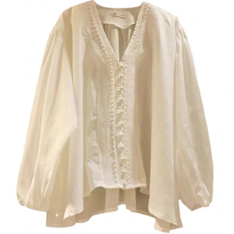 White Lantern Sleeve V neckline shirt female style casual Korean style shirt