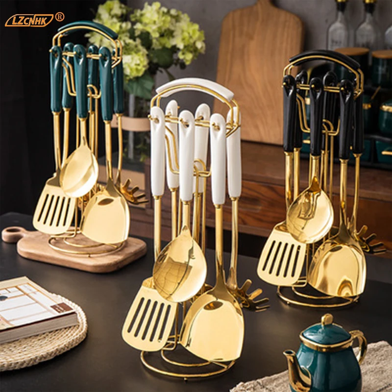 Nordic Style 7piece Kitchen Utensils Set with Ceramic Handle Stainless Steel Strainer Cooking Utensils Wok Shovel Set