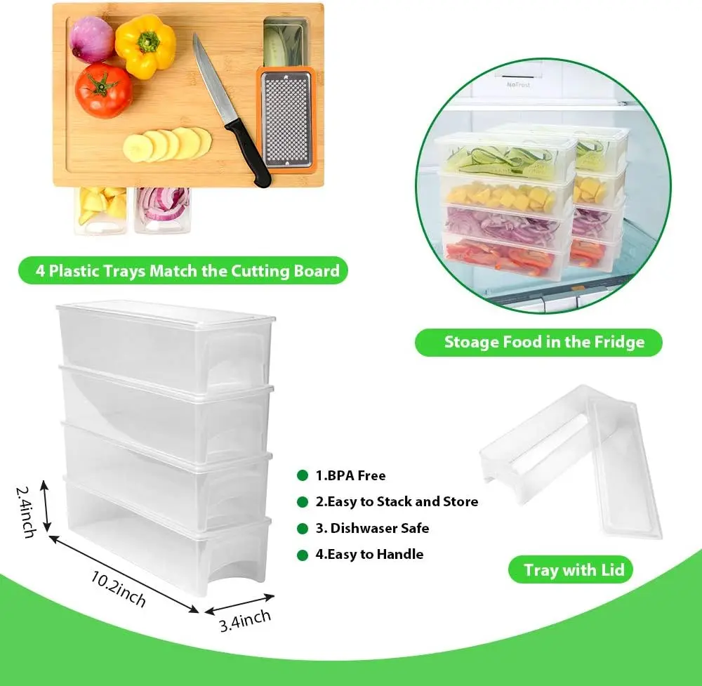 Kitchen Bamboo Cutting Boards with 4 Containers Drawer with Transparent Lid Easy for Food Prepared&Clean up
