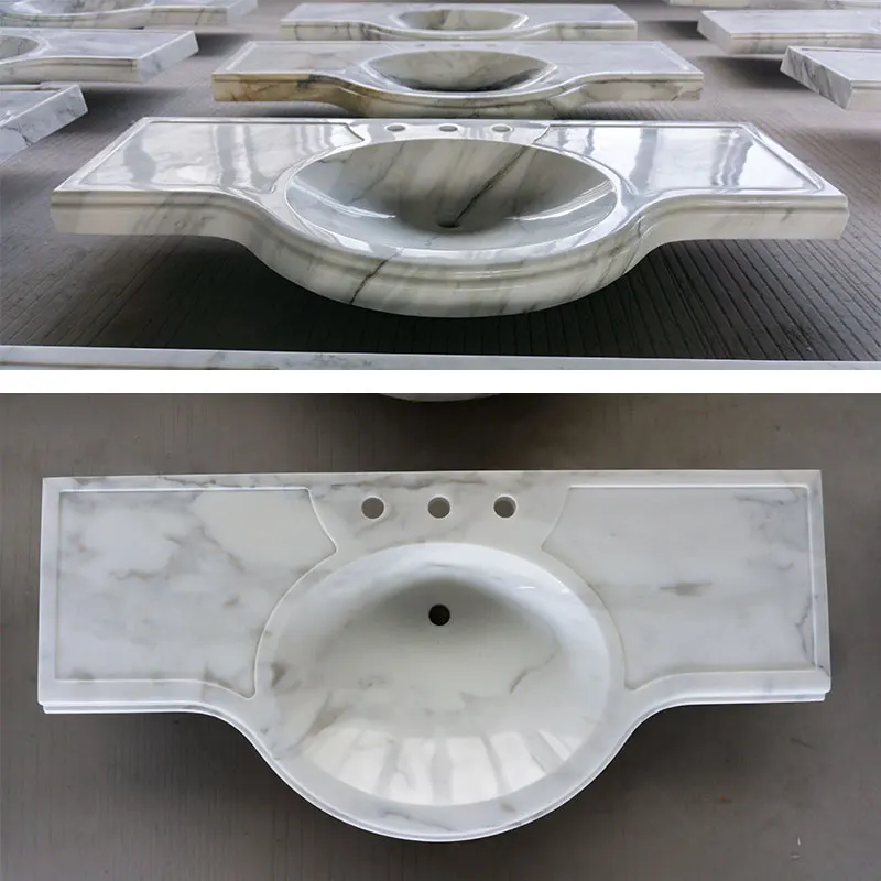 Bathroom Vanity Top with Integral Sink Natural Calacatta Gold Marble Countertops with Brass Stand Set