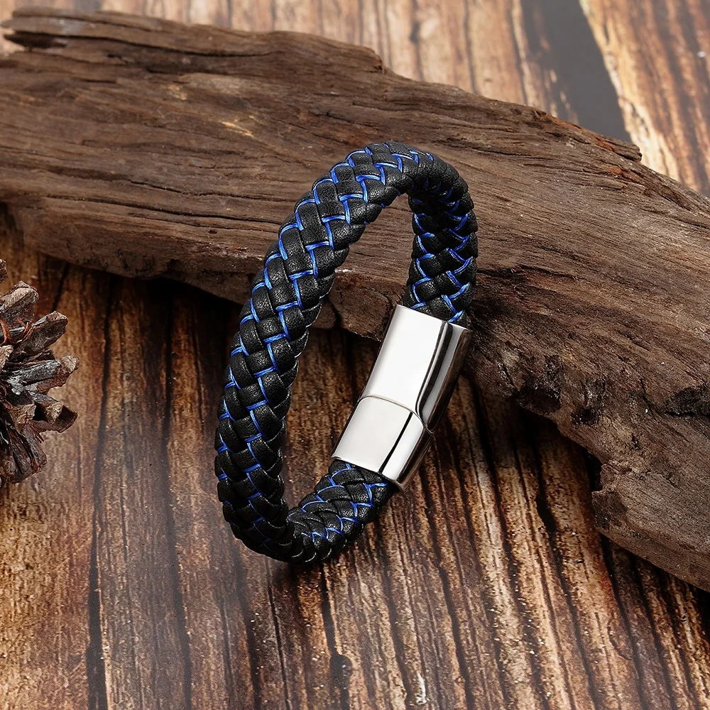 Trendy Men  2 tone  Genuine Leather magnet close stainless steel charm cool boys bangles and bracelets