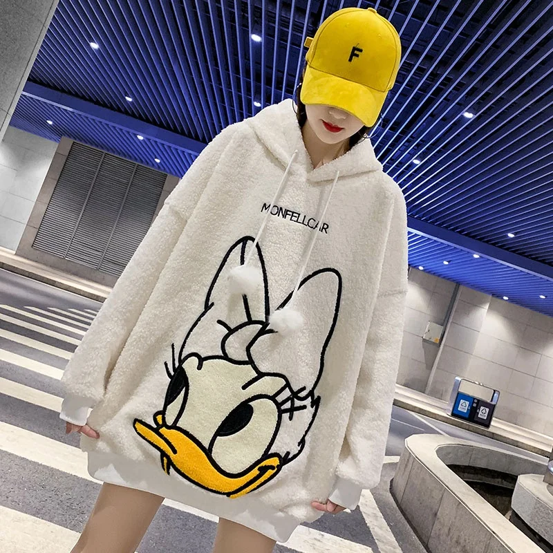 Уличная одежда, Высококачественная зимняя женская толстовка из овечьей шерсти, Свободная Женская куртка с капюшоном и мультяшной вышивкой