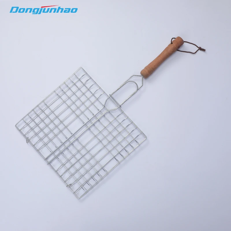 Custom iron or stainless steel camping BBQ roasting rack metal grilling wire rack with round wooden handle