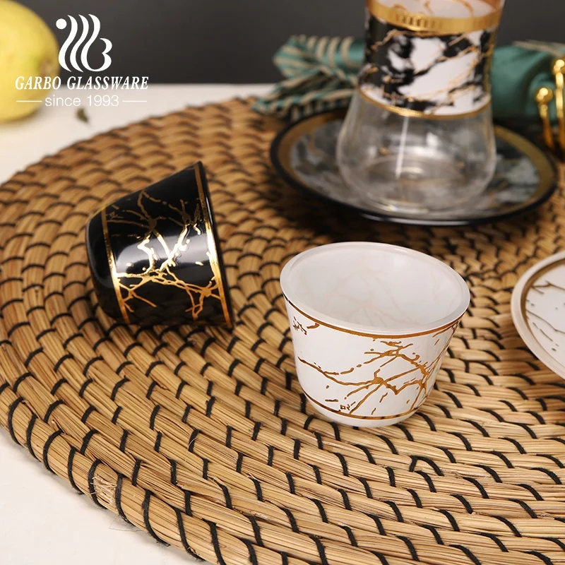 Tea glass cup with marble print saucer plate custom decal coffee drinking glasses tumbler set glassware table decoration cups