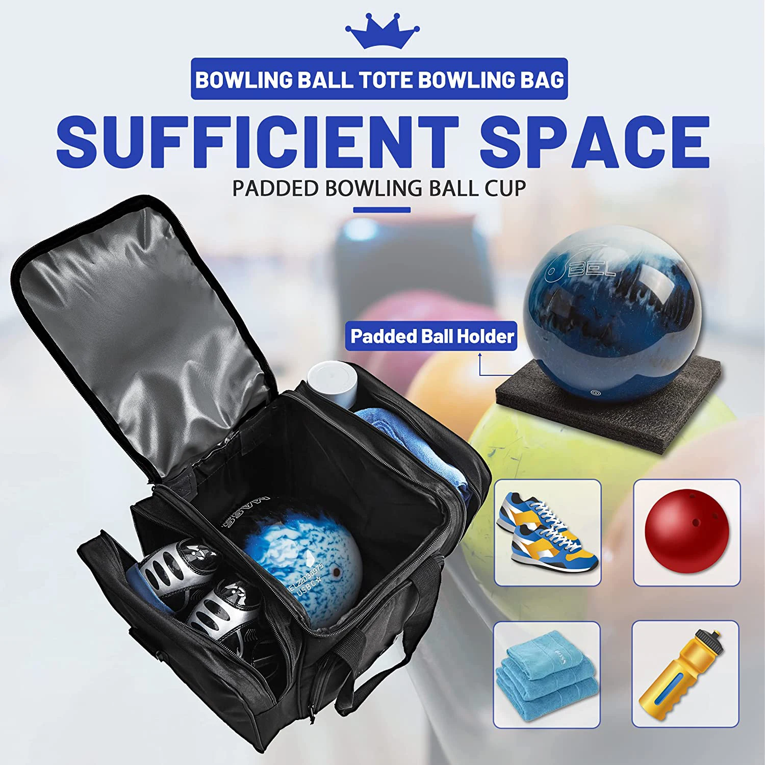 Bowling Ball Bag for Single Ball Bowling Ball Tote Bag with Padded Holder 2 Pockets fit Bowling Shoes and Accessories