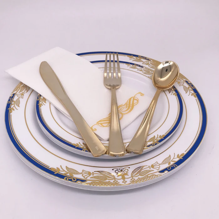 Высококачественная твердая пластиковая Свадебная тарелка синего цвета набор тарелок