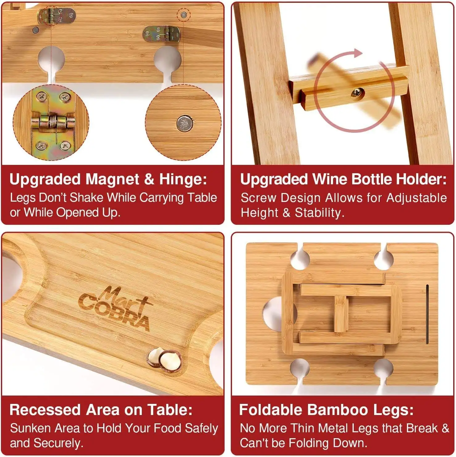 Outdoor Large Folding Bamboo Snack Cheese Tray Portable Wine Picnic Table