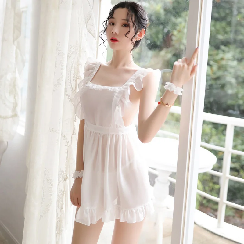 Sexy Mesh Transparent Adults Home Kitchen Apron Dress Lady Cosplay French Maid Uniform Women Waitress Aprons For Bar Princess