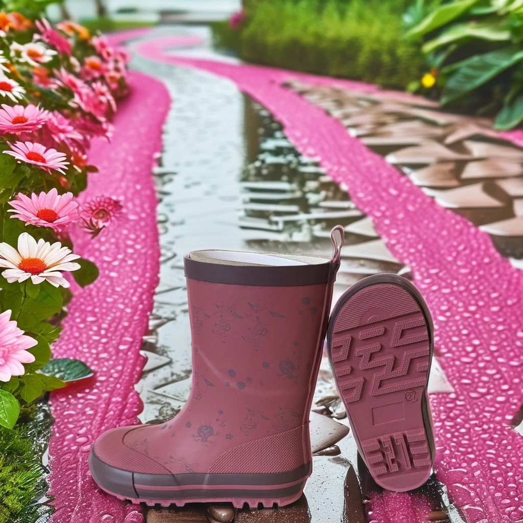 Pink Kids Summer Rain Boots Lightweight Anti-Slip Rubber Gumboots with Waterproof Cotton Fabric Lining Lighted Insole
