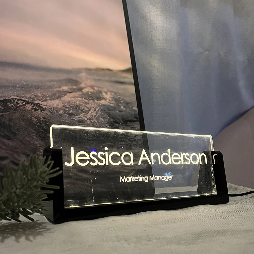 Personalized Lighted Acrylic Nameplate with LED Desk Name Plate with Wooden Base Office Gifts for Boss Coworker Desk Accessories