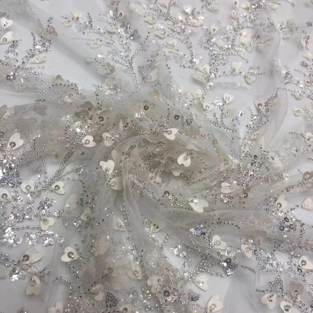 2023 glitter heart sequins embroidery lace fabrics  stones beaded nigerian african swiss 2022 lace fabrics 5 yards nigerian